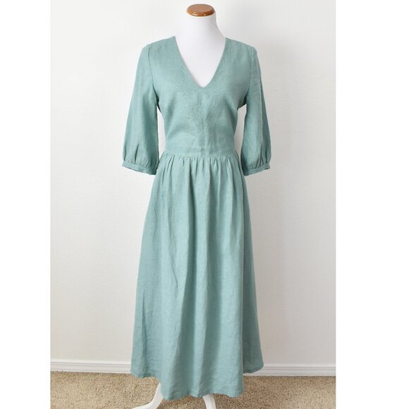 Linen Handmade Studio Dresses & Skirts - Linen Handmade Studio Open Back Madeleine Midi Dress Teal - 6